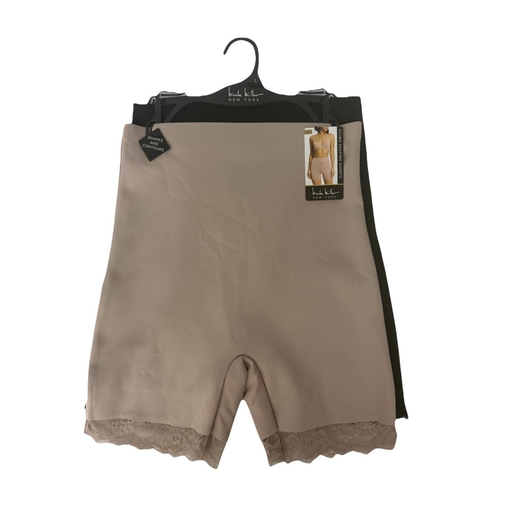 NICOLE MILLER 2 Black & nude Hi-Waist Shaping Shorts Sculpts waist Size L New